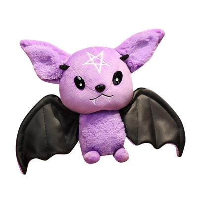 Black bat plush toy with grey ears and belly, pink nose, white fangs, and a yellow crescent moon. - Image 9