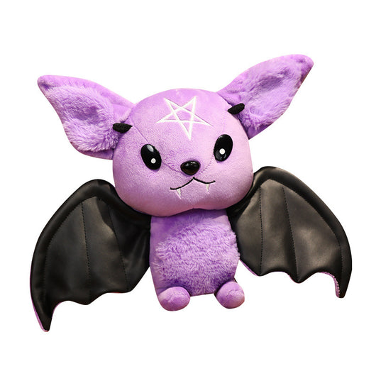 Black bat plush toy with grey ears and belly, pink nose, white fangs, and a yellow crescent moon. - Image 9
