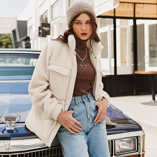 Abrigo de Piel de Cordero Otoño Invierno Estilo Coreano Suelto y Corto para Mujer