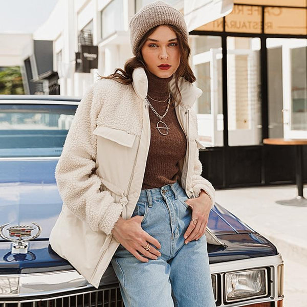 Abrigo de Piel de Cordero Otoño Invierno Estilo Coreano Suelto y Corto para Mujer