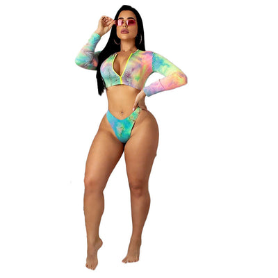 Women's tie-dye long-sleeve crop top swimsuit with high-cut bikini bottoms, featuring a colorful print. - Image 3