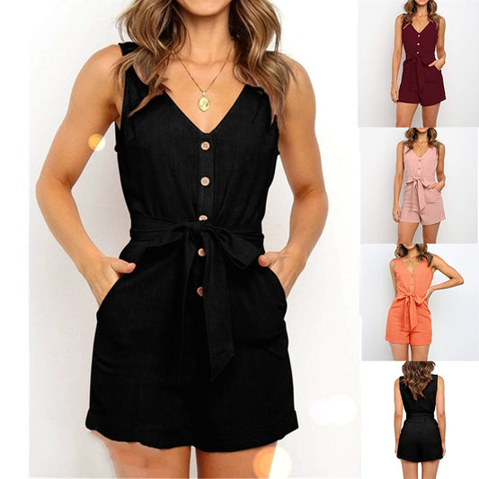 Jumpsuit Escote V sin Tirantes con Cinturón de Botones