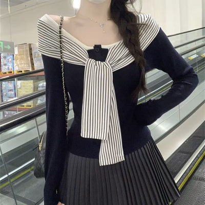 Blusa Rayas con Cordones y Encaje Manga Larga para Mujer