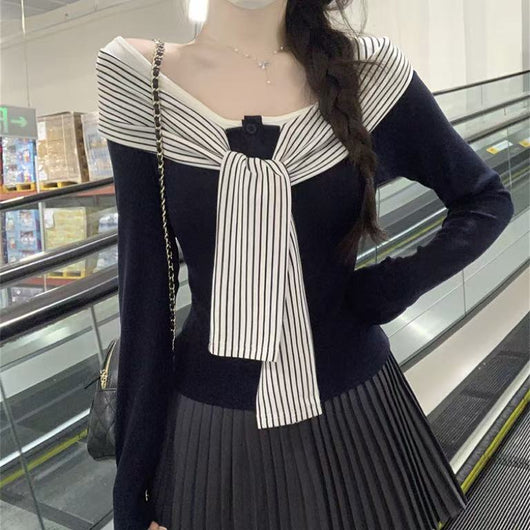 Blusa Rayas con Cordones y Encaje Manga Larga para Mujer