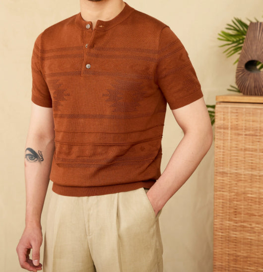Camisa Henley Tejida Retro Americana Slim Fit Manga Corta - Image 15