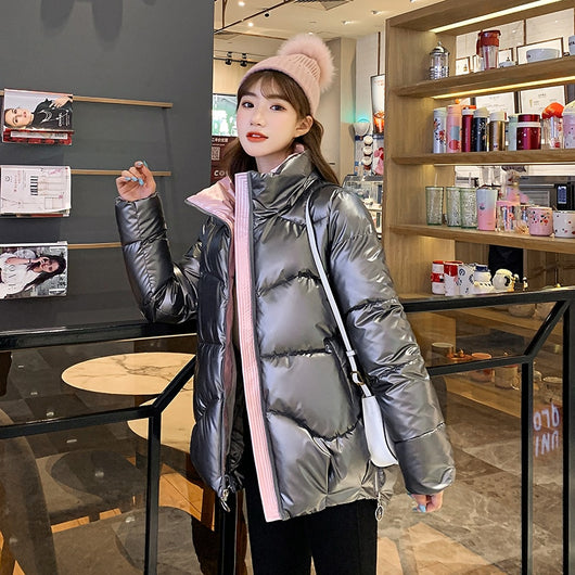 Chaqueta de Cuero Brillante Acolchada con Algodón para Mujer - Image 3