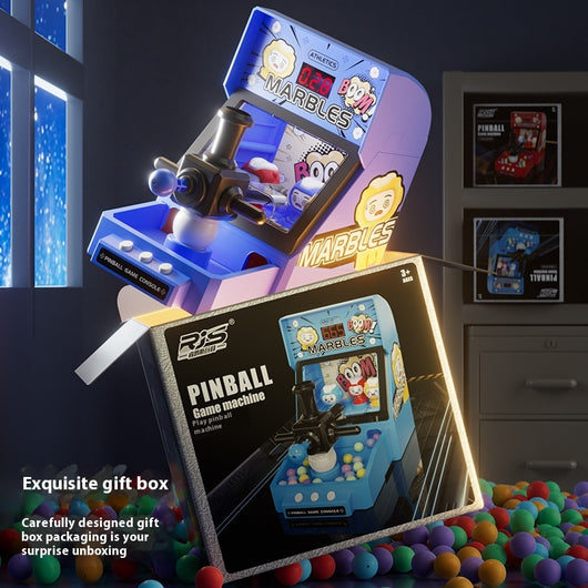 Red tabletop marble game machine with a joystick, buttons, and a lighted display, featuring colorful marbles. - Image 2