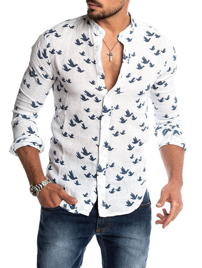 Camisa de Lino con Cuello Solapa y Combinación de Colores para Hombre - Image 8