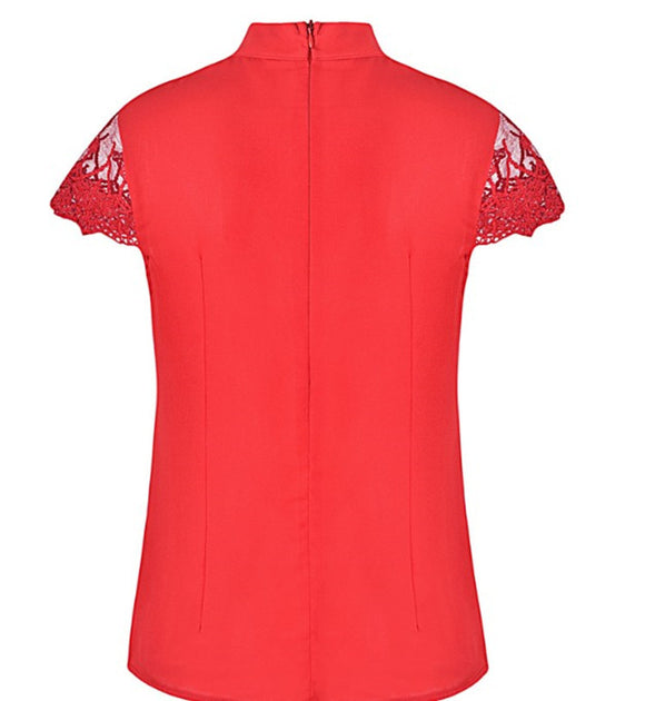 Camisa de Cuello Parado con Detalles de Encaje en Mangas