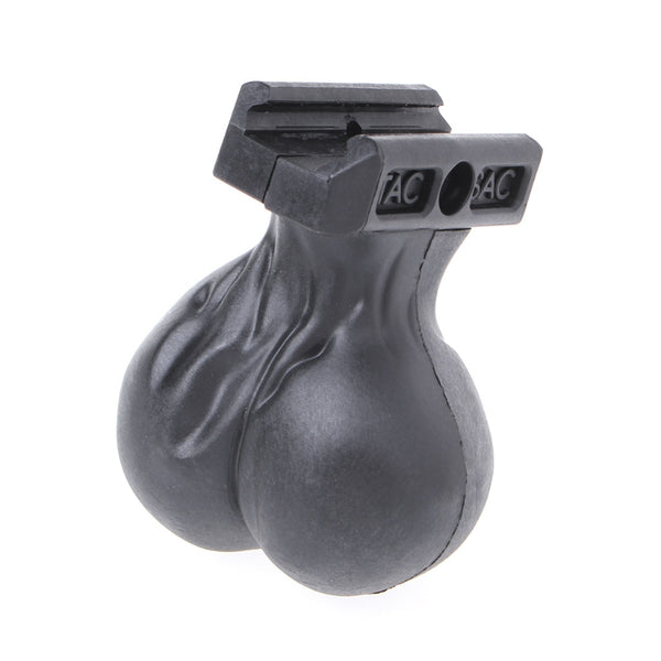 Black water bomb toy grip with a unique, anatomical shape and a rail mount for toy guns.