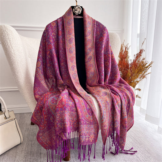 Chal de Lujo Ligero con Jacquard y Borlas de Cachemira - Image 8
