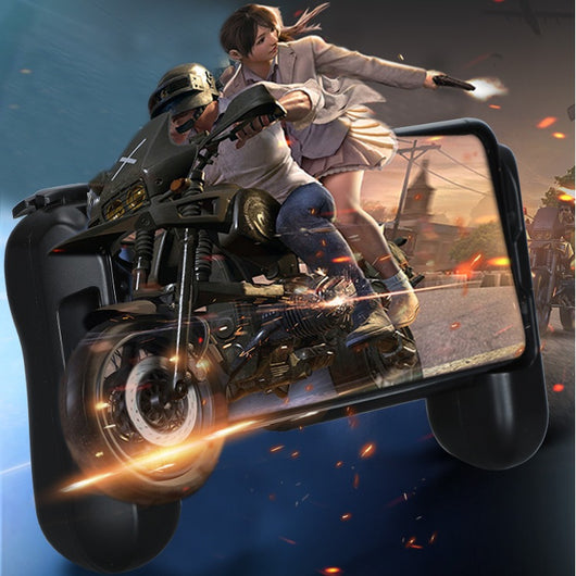 Black mobile game controller with integrated cooling fan and ergonomic grips for smartphones.