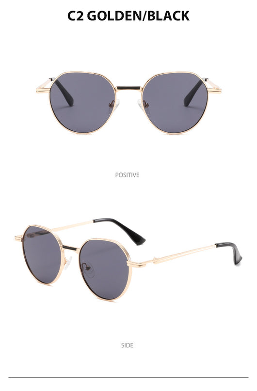 Round metal sunglasses with silver frames and dark gray lenses, featuring black temple tips, on a white background. - Image 13