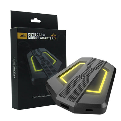 Black keyboard and mouse adapter for gaming consoles with yellow LED accents, next to its product box.