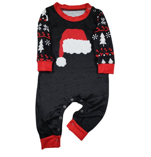Black long-sleeve Christmas pajama top with a red Santa hat graphic and matching pants with a reindeer and tree pattern. - Image 12