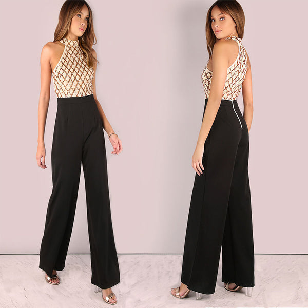 Jumpsuit Elegante con Lentejuelas y Cuello Halter para Mujer