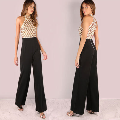Jumpsuit Elegante con Lentejuelas y Cuello Halter para Mujer