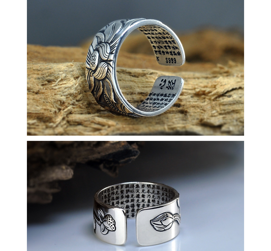 Anillo de Plata Pura S999 Loto Abierto - Diseño Retro Ancho para Hombre - Image 2