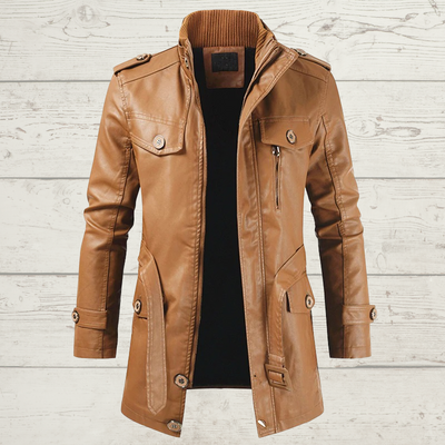 Abrigo Trench de Cuero con Cuello Mao y Forro de Terciopelo para Hombre - Image 4