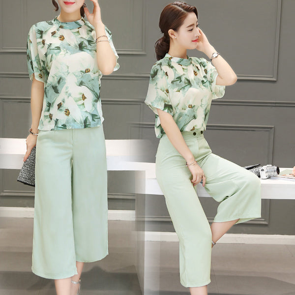 Conjunto de Verano Coreano: Blusa de Gasa Manga Corta y Pantalón Ancho