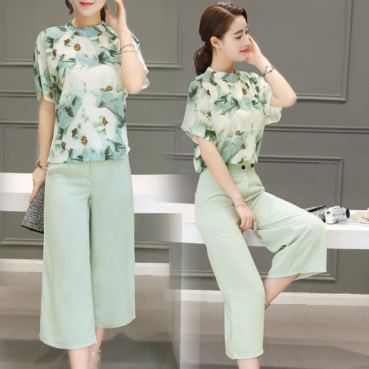 Conjunto de Verano Coreano: Blusa de Gasa Manga Corta y Pantalón Ancho