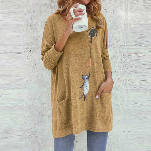 Blusa Suelta con Estampado de Gatos - Largo Medio Casual - Image 11