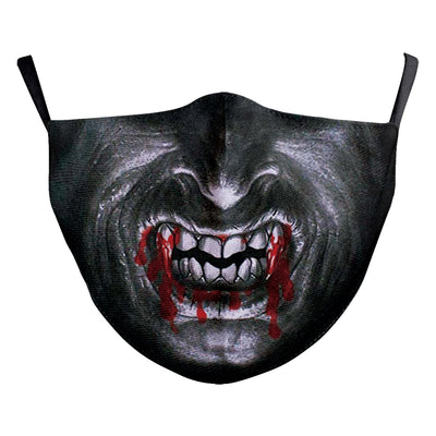 Green and yellow digital print Halloween dust mask with a grotesque, tree-like face design and black ear loops. - Image 8
