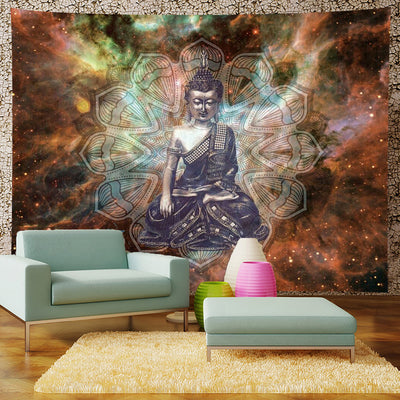 Black and white tapestry featuring a stylized sun with a face and large ocean waves with boats, inspired by Hokusai. - Image 11