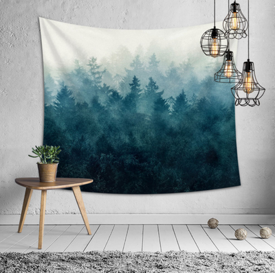 Rectangular tapestry featuring a misty forest print with a gradient of deep blue and green trees against a light background. - Image 2