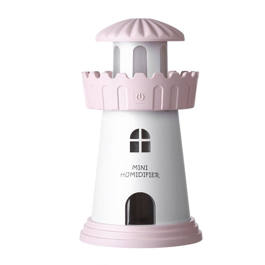 Blue and white lighthouse-shaped mini humidifier with a power button, decorative windows, and a door. - Image 7