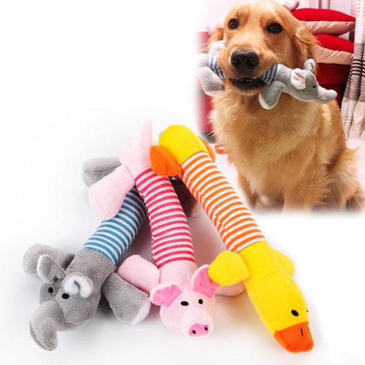 Grey plush elephant dog toy with a blue and white striped body, black eyes, and white inner ears.