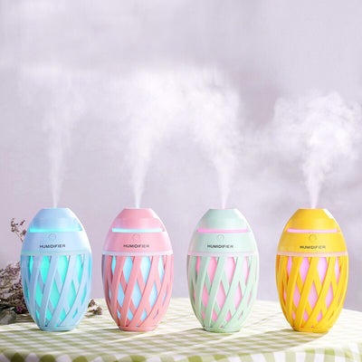 Light green football-shaped humidifier with a decorative lattice pattern and a power button on top.