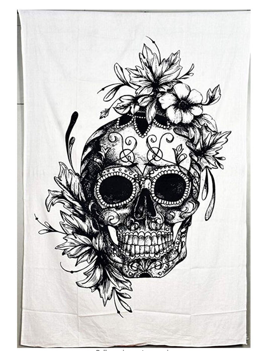 White tapestry featuring a detailed black and white sugar skull illustration adorned with flowers and leaves.
