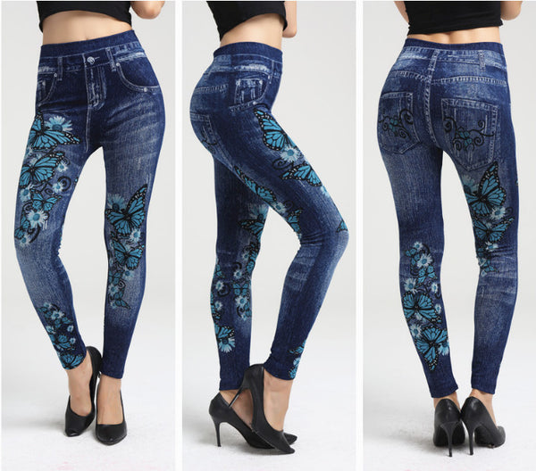Leggings Estilo Denim con Estampado de Mariposas