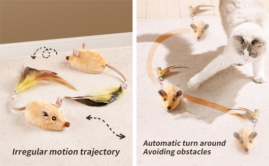 Interactive grey plush mouse cat toy with black ears and nose, feather and bell tail, and a USB charging cable. A kitten plays with a feather toy. - Image 14