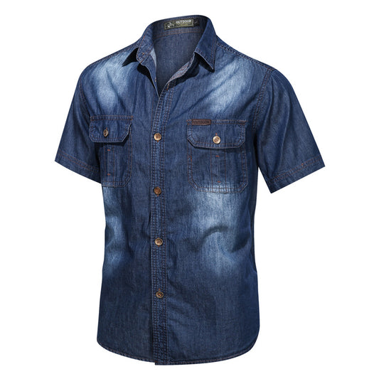 Camisa Denim Casual de Manga Corta para Hombre Talla Grande
