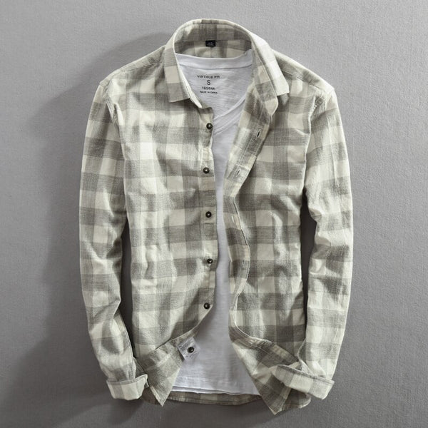 Camisa de Cuadros Manga Larga para Hombre - Algodón Lavado Efecto Vintage