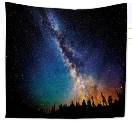 Rectangular tapestry featuring a vibrant night sky with the Milky Way galaxy and a dark forest silhouette.