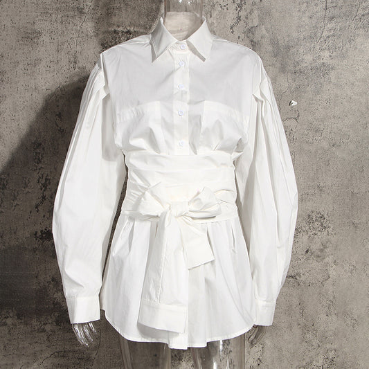 Camisa Blanca de Manga Larga con Cinturón para Mujer