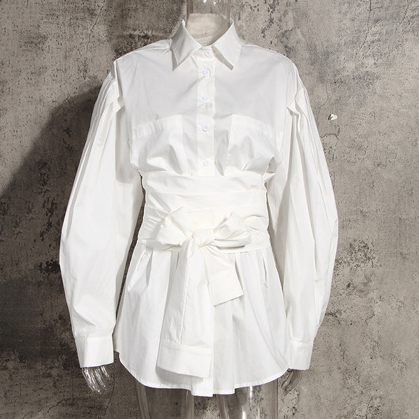 Camisa Blanca de Manga Larga con Cinturón para Mujer