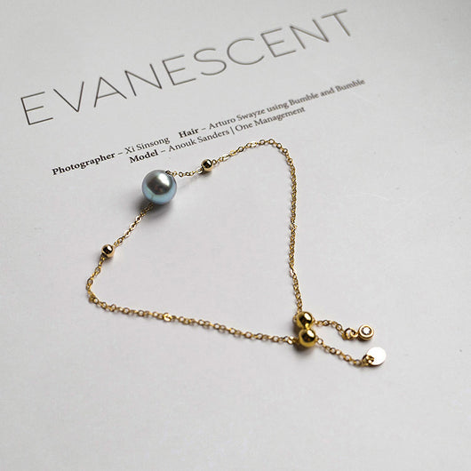 Pulsera de Oro 14K con Perla de Agua Marina y Cáñamo Natural