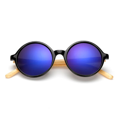 Round black frame sunglasses with gray lenses and light wood bamboo temples, shown from multiple angles. - Image 9
