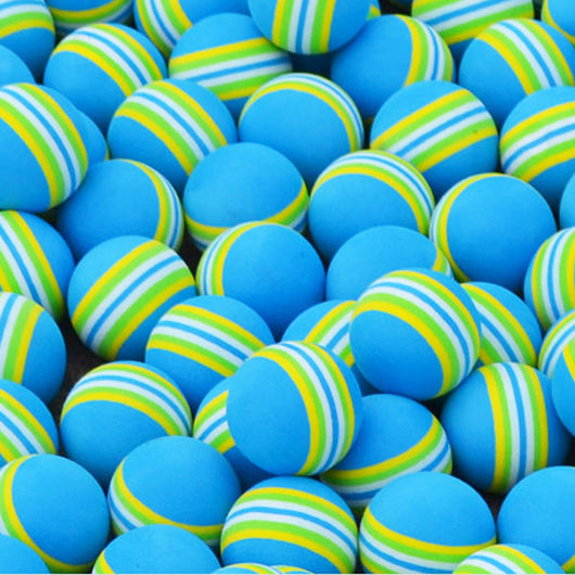 Twelve small, round rainbow-striped balls, ideal as interactive cat toys or for golf practice, on a white background.