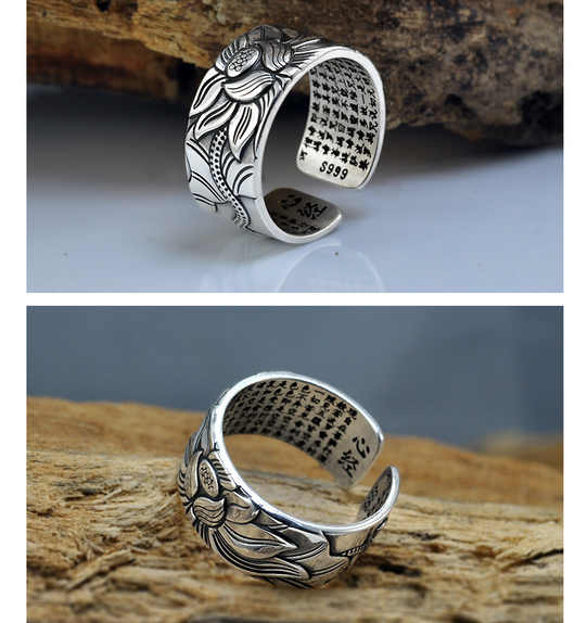 Anillo de Plata Pura S999 Loto Abierto - Diseño Retro Ancho para Hombre - Image 3