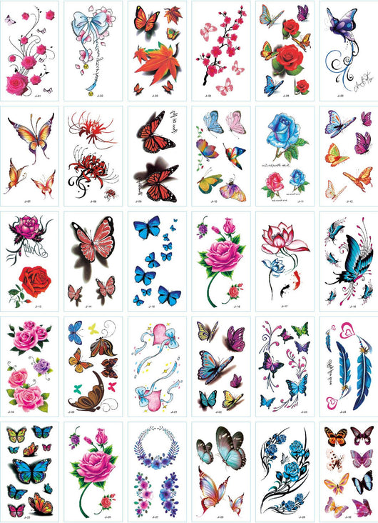 Set of 30 temporary tattoo stickers featuring pink and purple butterflies, flowers, bunnies, and moon designs. - Image 15