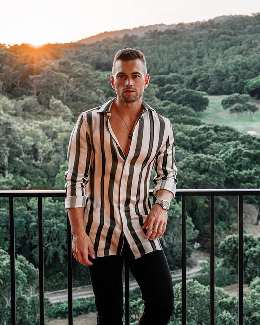 Camisa Casual de Manga Larga a Rayas con Solapa y Forro