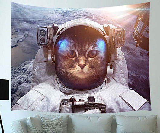 Digital printing home tapestry featuring a cat in an astronaut helmet with Earth and a spacecraft in the background.