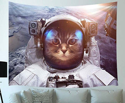 Digital printing home tapestry featuring a cat in an astronaut helmet with Earth and a spacecraft in the background.
