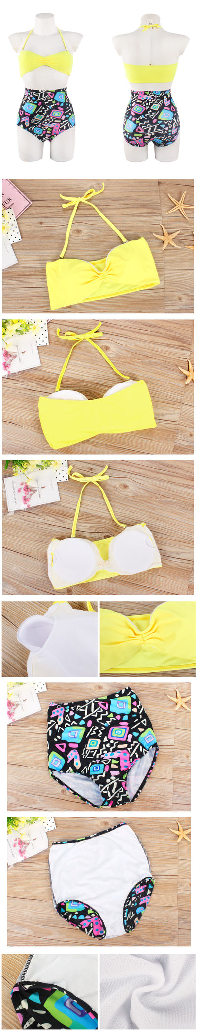Women's two-piece swimsuit with a solid yellow bandeau top and black high-waisted bottoms with a vibrant abstract geometric pattern. - Image 8