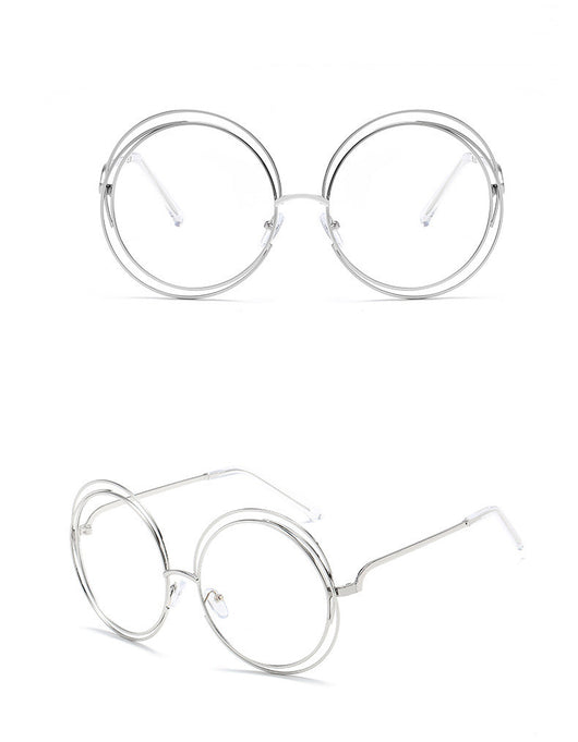 Round metal cutout sunglasses with silver mirrored lenses and a double-rimmed frame, shown from front and angled views. - Image 15